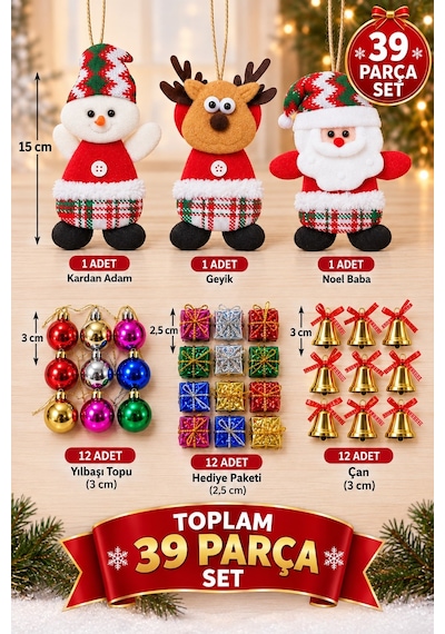 Yeni Yıla Özel 39 Parça Yılbaşı Ağacı Süs Seti Noel Peluşları Ve Yılbaşı Aksesuarları Süsleme Seti Diğer