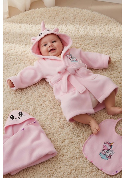 Unicorn Pembe %100 Pamuk Bebek Banyo Seti 0 - 24 Ay