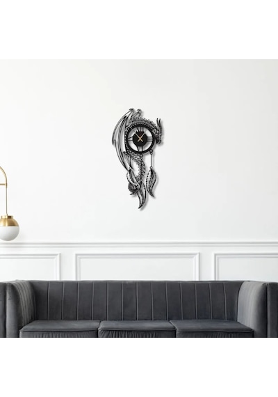 Metal Duvar Saati Mitolojik Ejderha Detaylı Dekoratif Saat Siyah-52 X 52