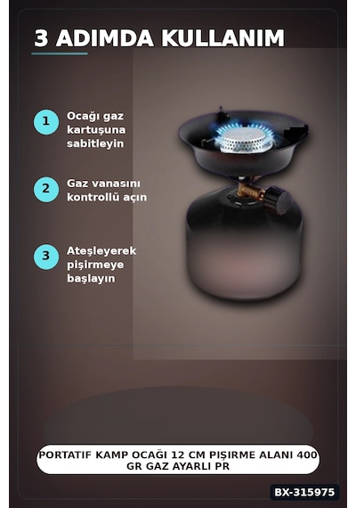 Portatif Kamp Ocağı 12 Cm Pişirme Alanı 400 Gr Gaz Ayarlı Pratik Doğa Ekipmanı Bx-315975 Çok Renkli
