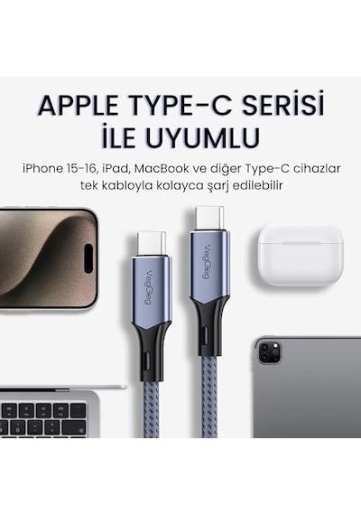 100w 5a E-mark Çipli Pd Type-c To Type-c Hızlı Şarj Ve Data Kablosu 1.2 Metre Diğer