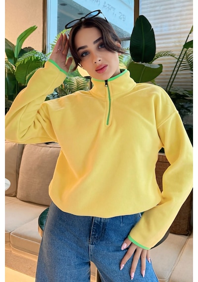 Tommy Life Limon Yarım Fermuar Etek Ucu Büzgülü Dik Yaka Oversize Kadın Polar Sweatshirt - 97234 Limon Sarısı