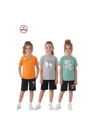 Panios Kids 3 Lü Yuvarlak Yaka Kaprili Baskı Detaylı Yazlık Kız Çocuk 6 Parça Alt Üst Takım Turuncu - Yeşil