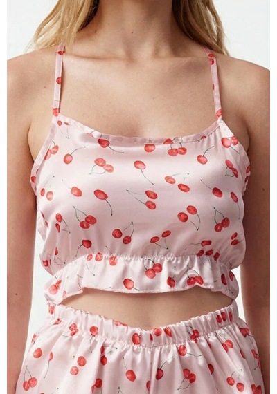 Kirazlı Fırfırlı Ve Sırt İp Askılı Saten Şortlu Dokuma Pijama Takımı Çok Renkli