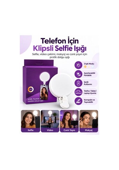 Şarjlı Klipsli Selfie Işığı 3 Işık Modlu Ayarlanabilir Parlaklık Telefon Tablet Laptop Video Çekim Dolgu Işığı