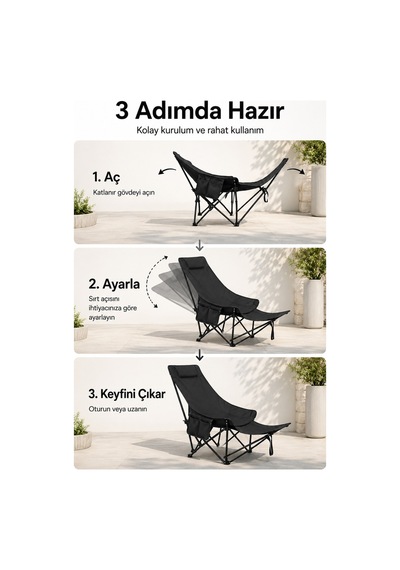 Ayak Dayama Yeri, Bardaklık Ve Taşınabilir Saklama Çantası Bulunan, 3 Pozisyona Ayarlanabilen Uzanma Koltuğu. Siyah