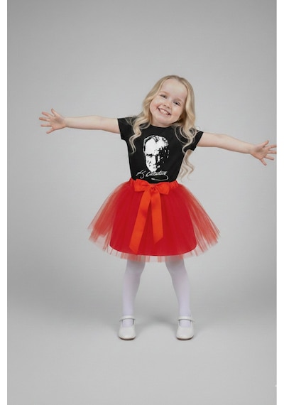 Nacar Store Kız Çocuk 23 Nisan 29 Ekim Gösteri Kıyafeti Kostüm Tütü Etek Kısa Kol Atatürk Baskılı Tshirt Takım Kırmızı Tütü Siyah Ata