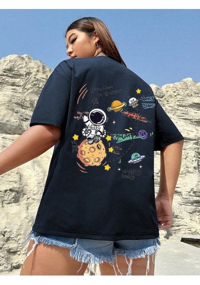Unisex Galaksi Tasarım Basklı Tshirt Lacivert
