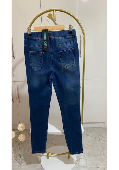 Lazerli Yırtık Denim Tayt Pantolon Açık Lacivert