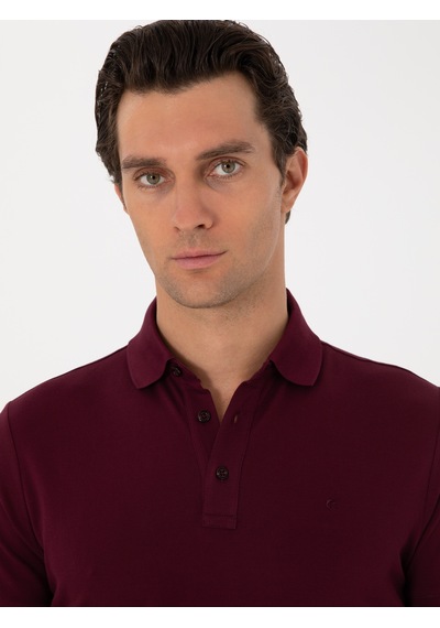 Bordo Slim Fit Polo Yaka Pamuklu Basic T-shirt Kirmizi