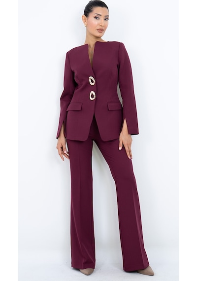 Dorne Moda Kadın Gold Halka Düğme Detaylı Ceket Pantolon Takım bordo