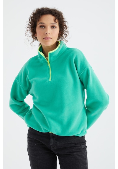 Tommy Life Deniz Yeşili Yarım Fermuar Etek Ucu Büzgülü Dik Yaka Oversize Kadın Polar Sweatshirt - 97234 Yeşil