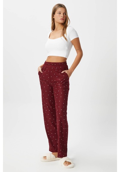 Ritnice Kadın Teddi Ultra Yumuşak Cepli Bordo Kalp Desen Yılbaşı Pijama Altı Çok Renkli
