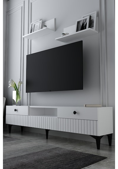 180dhdtrüç7b İlay Lazer Desen Kapak Raflı Tv Sehpası Ünitesi Beyaz