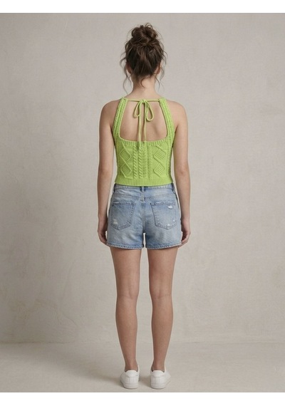 Neden Tekstil Kadın Triko Örme Halter Yaka Crop Bluz - Yeşil