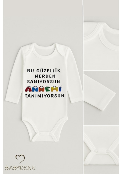 Babyden's Bu Güzellik Nereden Sanıyorsun, Annemi Tanımıyorsun Yazılı Uzun Kollu Bebek Body Çıtçıtlı Zıbın Beyaz