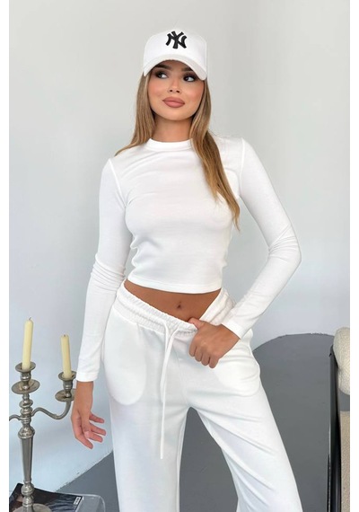 Giysa Kadın Bisiklet Yaka Uzun Kollu Basic İkili Takım Beyaz - 26k 2541 Beyaz