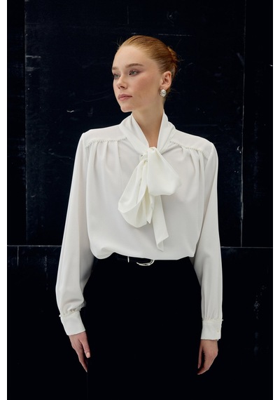 Sateen Aksesuar Detaylı Fularlı Bluz - Ekru-137041 Ekru