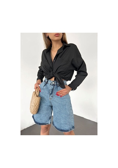 Nido Moda Kadın Yüksek Bel Geniş Paça Denim Şort Mavi