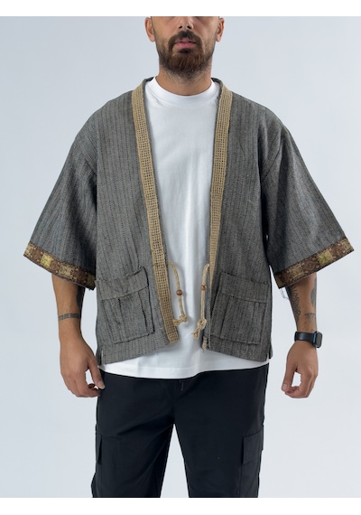 Hasır Detaylı Tasarım Siyah Beyaz Erkek Kimono Coc3447