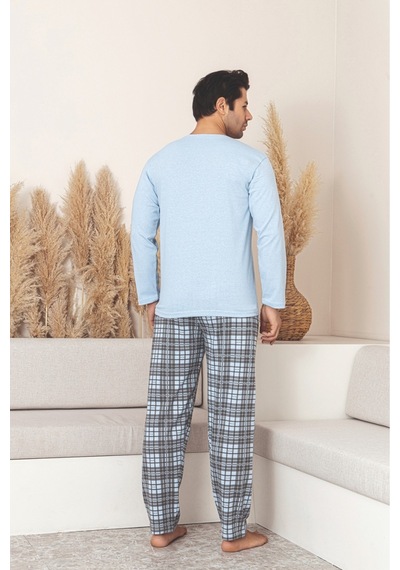 Sude Homewear Erkek Ekoseli Cepli Uzun Kollu Pijama Takımı Mavi
