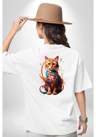 Renkli Yağlı Boya Kedi Beyaz Oversize Unisex Ön Ve Sırt Baskılı Tişört Beyaz