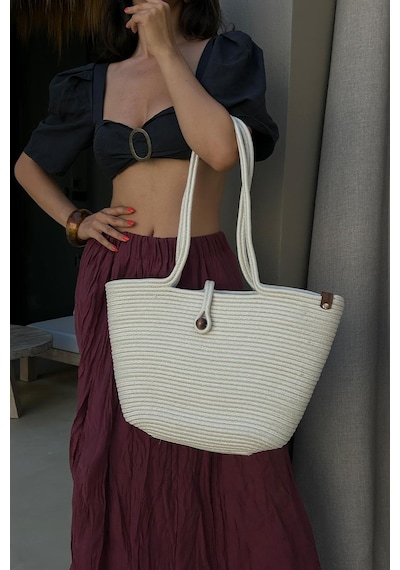 Shule Bags Vossa Handmade Düğmeli Hasır Omuz Çantası Krem Krem