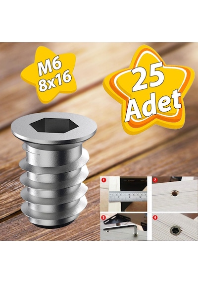 Metal Düz Dişli Dübel Ahşap Dübeli M6 8x16 Diş Çinko Mobilya Bağlantı Ünite Birleştirme 25 Adet