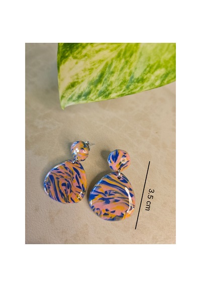 El Yapımı Polimer Kil Küpe - Paslanmaz Çelik Aparatlı Ebru Desenli Damla Sallantılı Küpe Marble Drop Ebruli