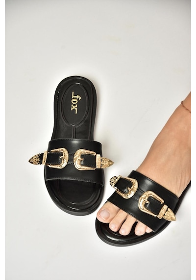 Fox Shoes U250110109 Siyah Tokalı Kadın Terlik Siyah-suni Deri Siyah
