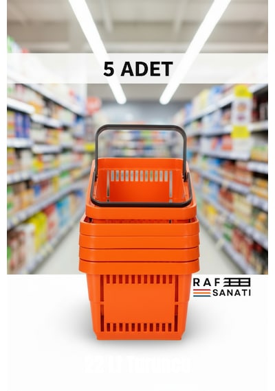 5 Adet / 22 Litre Plastik Market Alışveriş Sepeti Profesyonel Market Mağaza El Sepeti Turuncu