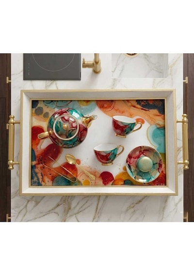 Soyut Desenli Dekoratif Tepsi & Krem Gold Çerceveli Kulplu Çay Kahve Sunum Tepsisi