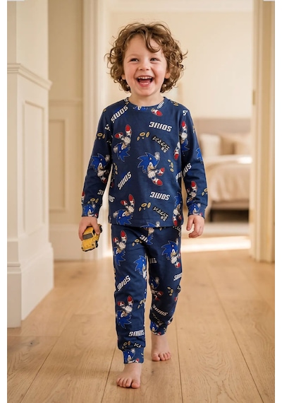 Zuzunga The Hedgehog Super Sonic Desenli %100 Pamuk Çocuk Pijama Takımı Lacivert