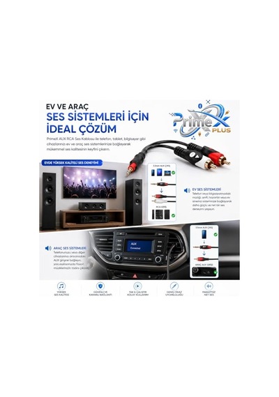Tr Px-aux15r 1.5 Metre 3.5mm Aux To 2 Rca Ses Kablosu, Telefon Laptop Pc Tablet Ses Çıkışını Amfi Hoparlör Tv Ses