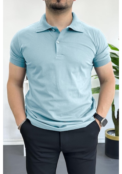 Erkek Slim Fit Düz Renk Pamuklu Soft Polo Tişört Açık Mavi Edw365 Acık Mavi