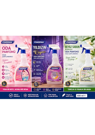Powermax Oda Parfümü 3'lü Set 600 Ml X 3 Sprey Oda Kokusu Çiçek Tazeliği - Yıldızın Rüyası - Beyaz Sabun Kokulu Toplam 1800 Ml Diğer
