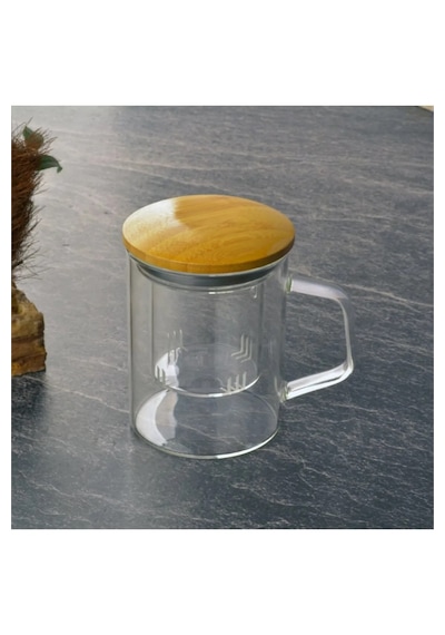 Bambu Kapaklı Borosilikat Cam Süzgeçli Cam Kupa 350 ml Uzun (THN76308)