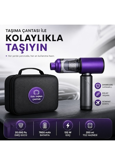 20.000 Pa Kablosuz Araç Süpürgesi 120w Güçlü Emiş 7800 Mah Şarjlı El Süpürgesi 8 Başlıklı Hepa Filtreli Mini Vakum Mor