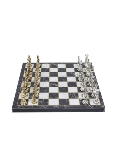 Lüks Metal Satranç Takımı Krom Kaplama Osmanlı Vs Bizans Orduları Siyah Mermer Desenli Tahta 20 Cm