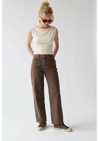 Mixray 2128 Kadın İnce Mevsimlik Yüksek Bel Wide Leg Denim Pantolon Kahve