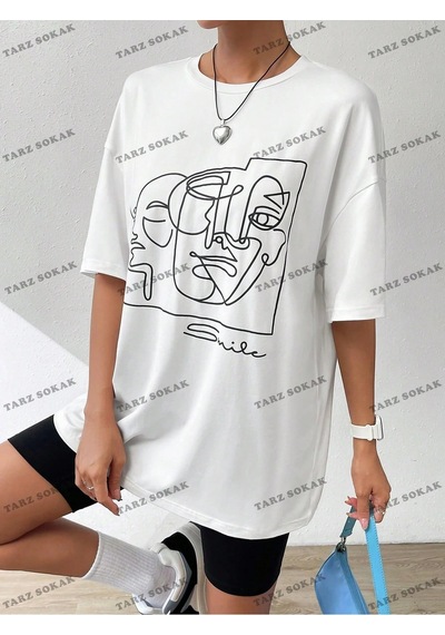 Startmore Unisex Bay Yaz Beyaz Y2k Soyut Şekil Grafik Damla Omuz Tee Grafik Gömlek Kod-1360 Beyaz
