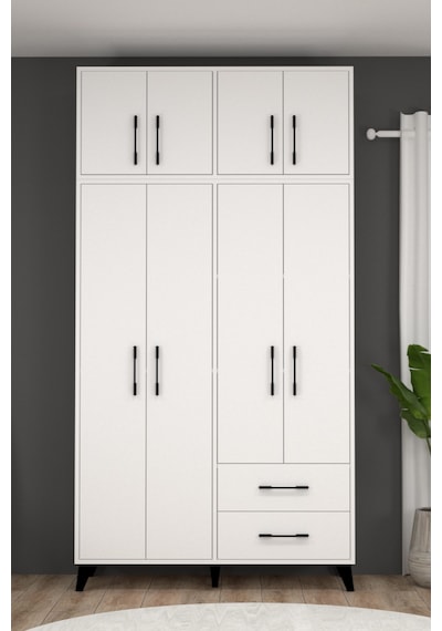 Ediz Sekiz Kapaklı İki Çekmeceli Beyaz Gardırop Xl