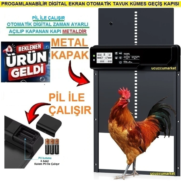 Pilli Kümes Kapısı Otomatık Digital Ekran Pil İle Çalışır