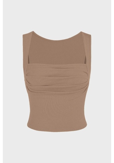 Hiccup Drape Kare Yaka Bluz Kahverengi