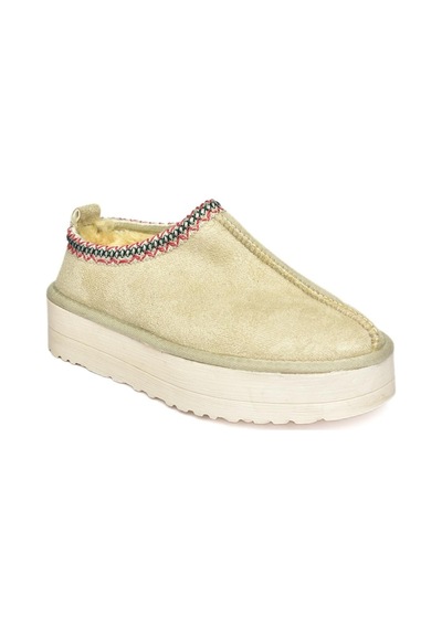 Fox Shoes R612047302 Bej Süet İçi Tüylü Kalın Tabanlı Kadın Terlik Bej