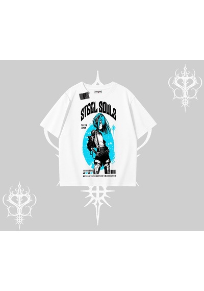 Startmore Startmore Oversize Tshirt Anime Cyberpunk Kız Baskılı Beyaz