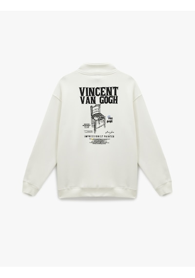 Koton Cepli Şardonlu Yarım Fermuarlı Lisanslı Van Gogh Baskılı Oversize Sweatshirt Beyaz 6wam70132mk Beyaz