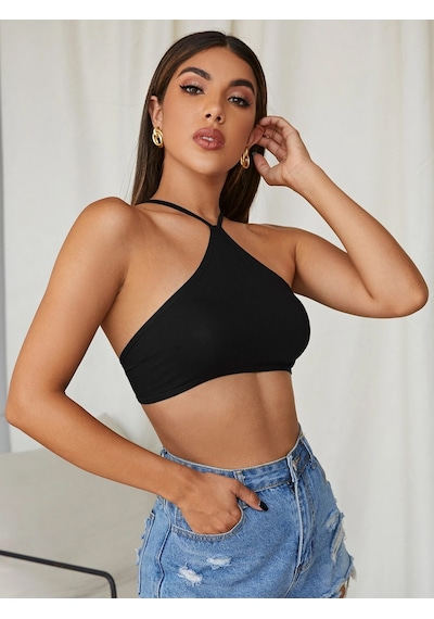 Liona Kadın Siyah Renk Sırtı Açık Bağcıklı Sütyen Stil Super Crop Halter Bluz 001