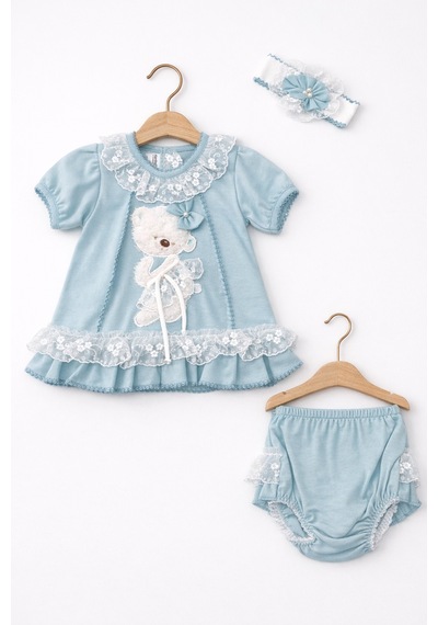 Kardeşler Bebe Dantelli Ayıcıklı Kız Bebek Elbise Takım Saç Bantlı 3 Lü Set Turkuaz