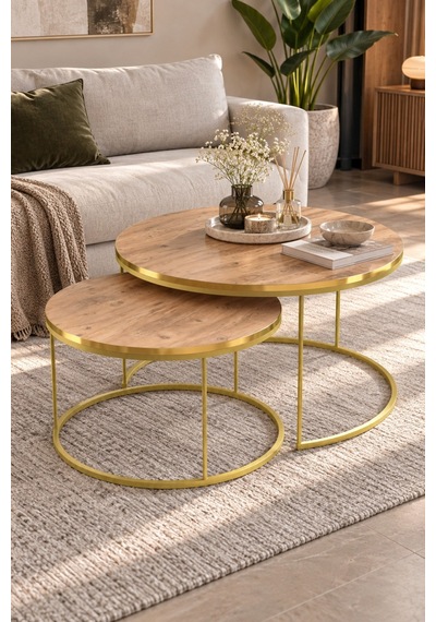 Sulorahome 2'li Yuvarlak Orta Sehpa Seti Ceviz Ve Gold Metal Ayaklı Altın - Ceviz Sulorahome 2'li Yuvarlak Orta Sehpa Seti Ceviz Ve Gold Metal Ayaklı Altın - Ceviz